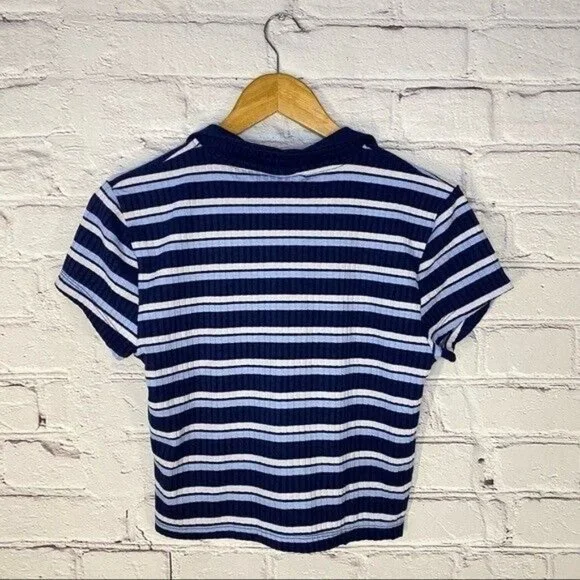 Just Polly NY Women’s Shirt Large Ribbed Blue Stripe Polo Crop Top Y2K 90’s NWOT - Picture 5 of 5